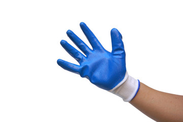 A hand wearing a PVC coated cotton gloves isolated on white background