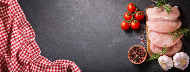 fresh turkey meat with rosemary, top view
