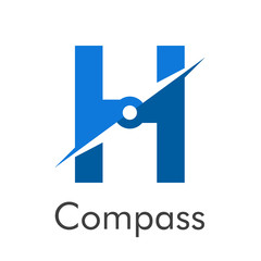 Letra inicial H con flecha como logotipo de brújula en color azul con palabra Compass en color azul