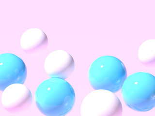 Pastel blue and white plastic shiny balls on a pale purple pink background. 3D render.