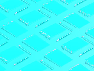 3d render. Pattern of school blue pencils and empty notebooks on pastel background. Minimal concept art. Surreal, monochrome and isometric