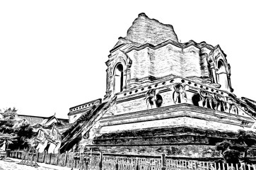 The ancient Thai architectural style, northern region of Thailand illustration creates a black and white style of drawing.