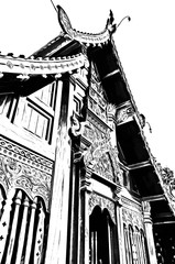 The ancient Thai architectural style, northern region of Thailand illustration creates a black and white style of drawing.