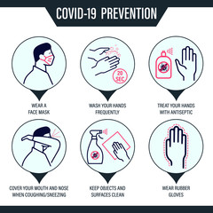 Vector icons of dashed lines with practical tips for preventing infection with the covid19 corona virus