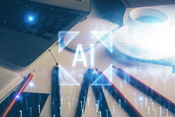 Double exposure of desktop with computer on background and tech theme drawing. Concept of big data.