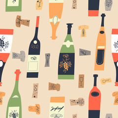 Seamless pattern of wine bottles and corks. Vector illustration. - 371946543