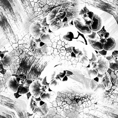 Seamless monochrome floral pattern. Black, white orchids on a grey background.