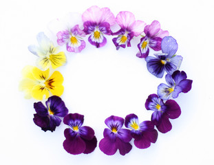 Fototapeta na wymiar Round Frame with flowers and leaves. Top view background with pansy flowers. Flowers composition. Mock up with plants. Flat lay with flowers on white table. Woman day concept. Copyspace for text.