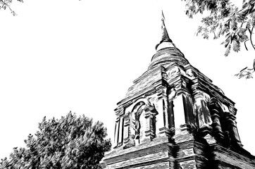The ancient Thai architectural style, northern region of Thailand illustration creates a black and white style of drawing.