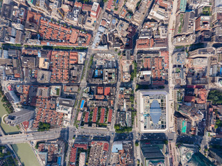 Aerial view of Shanghai traditional architecture and cityscape drone directly above map view. Shanghai Huangpu downtown district traditional architecture. City travel tourism concept of China