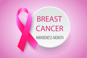 Design of the background concept of the breast cancer awareness month poster. Realistic pink bow ribbon with round icon vector illustration template