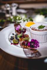 Chocolate souffle and ice cream
