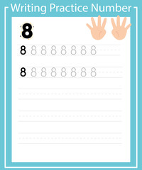 Trace number 8 and word eight. Handwriting for children with cartoony hands that show eight on fingers.