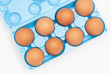 Organic Eggs, Blue Pack on the white background.