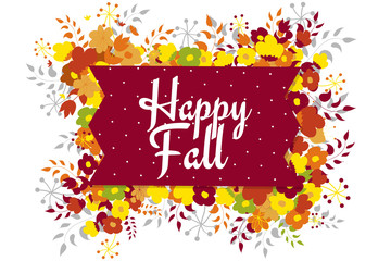 Autumn inscription with flowers, happy fall, vector illustration