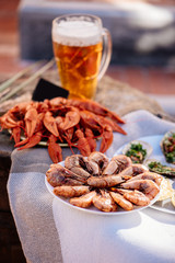 Crayfish, beer, shrimp, mussels and scallops