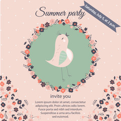 Vintage invitation card with bird, floral frame, vector illustration