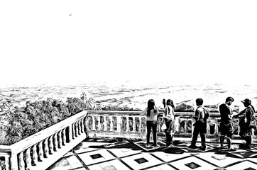 Doi Suthep, Chiang Mai, Thailand illustration creates a black and white style of drawing.