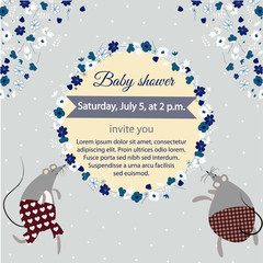 Vintage invitation card with mouses, floral frame, vector illustration