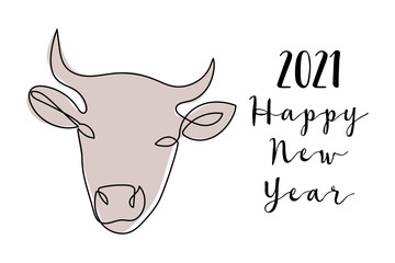 White, metallic bull, ox, cow. Chinese New 2021 Year. Vector continuous line art. Perfect for poster, calendar, card, invitation with symbol of lunar new year.