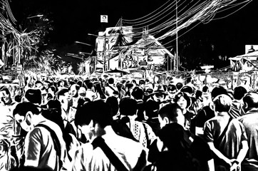 Chiang Mai Walking Street, Thailand illustration creates a black and white style of drawing.