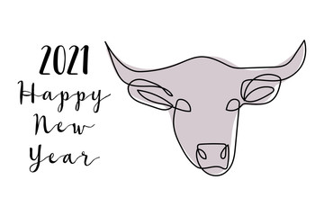 White, metallic bull, ox, cow. Chinese New 2021 Year. Vector continuous line art. Perfect for poster, calendar, card, invitation with symbol of lunar new year.
