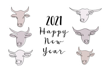 White, metallic bull, ox, cow. Chinese New 2021 Year. Vector continuous line art. Perfect for poster, calendar, card, invitation with symbol of lunar new year.