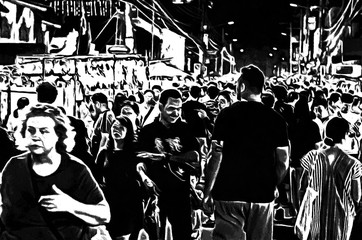 Chiang Mai Walking Street, Thailand illustration creates a black and white style of drawing.