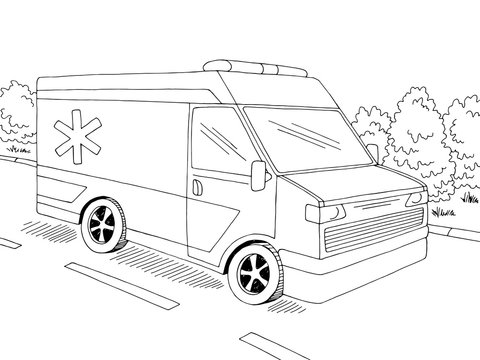 Ambulance car street road graphic black white landscape sketch illustration vector