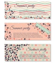 Set retro template card with flowers in green and pink colors