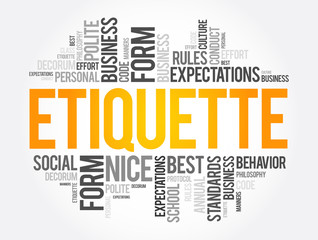 Etiquette word cloud collage, social business concept on blackboard