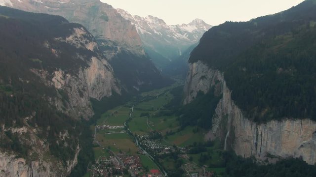 Aerial Drone shot of Lauterbrunnen in Switzerland on a calm evening in the swiss alps