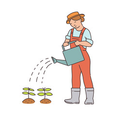 Cartoon farmer woman watering small plants isolated on white background