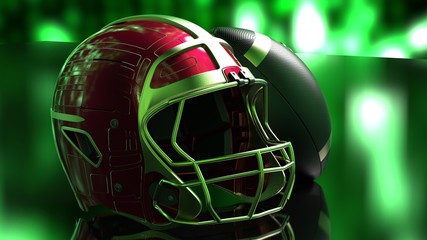 American football Gold-Red helmet and Gold-Black Ball under black-green laser lighting. 3D illustration. 3D high quality rendering.