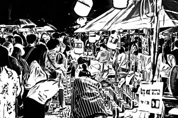 Chiang Mai Walking Street, Thailand illustration creates a black and white style of drawing.