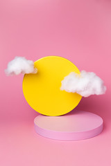 Pink showcase podium on pink color background. Product showcase with geometric shape and clouds. Trendy minimal abstract concept.