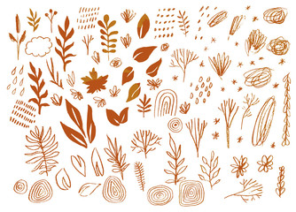Autumn design elements sketch set. Trees, leaves, rainbow, cloud, rain. Burnt orange colors. Hand drawn organic shapes. Isolated graphic elements. Vector eps 10 illustration