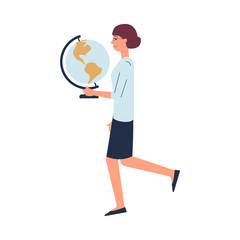 Female school teacher character holding globe, flat vector illustration isolated.