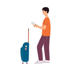 Traveler man using taxi mobile application, flat vector illustration isolated.