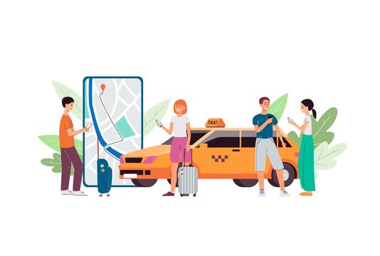People ordering car using mobile application, flat vector illustration isolated.