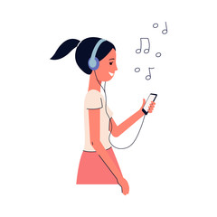 Woman character in headphones listens music, flat vector illustration isolated.