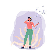 Cheerful woman character listening to music flat vector illustration isolated.