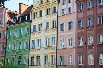 Fototapeta na wymiar Beautiful colorful houses of old European architecture in the center of the old European city of Wroclaw, desktop wallpaper, screensaver, postcard