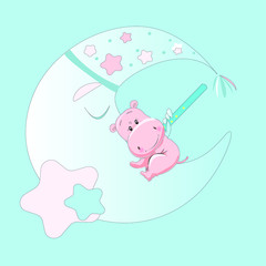 vector illustration of a pink hippo lying on the moon