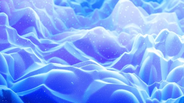 Abstract waves of soft blue matte material with light inner glow and glitters on morphing surface. Abstract geometric surface like landscape or terrain, extrude or displace 3d noise. Loop 4k