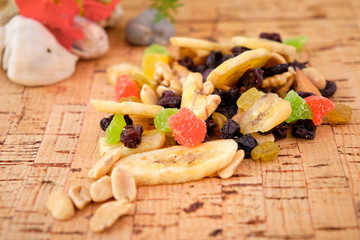 Close up of nuts in a wood surface