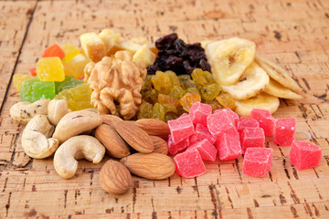 Close up of nuts in a wood surface