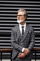 portrait of serious and authoritative senior businessman in elegant suit, gray haired and bearded male after business meeting, confident and successful male is thinking