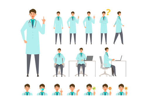Set of doctor man in lab coat in different poses. Working, standing, pointing and sitting.
