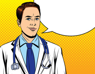 Color vector illustration in pop art comic style. Doctor man smiling. A doctor in a white coat with a stethoscope around his neck. Doctor in uniform on a yellow halftone dot background